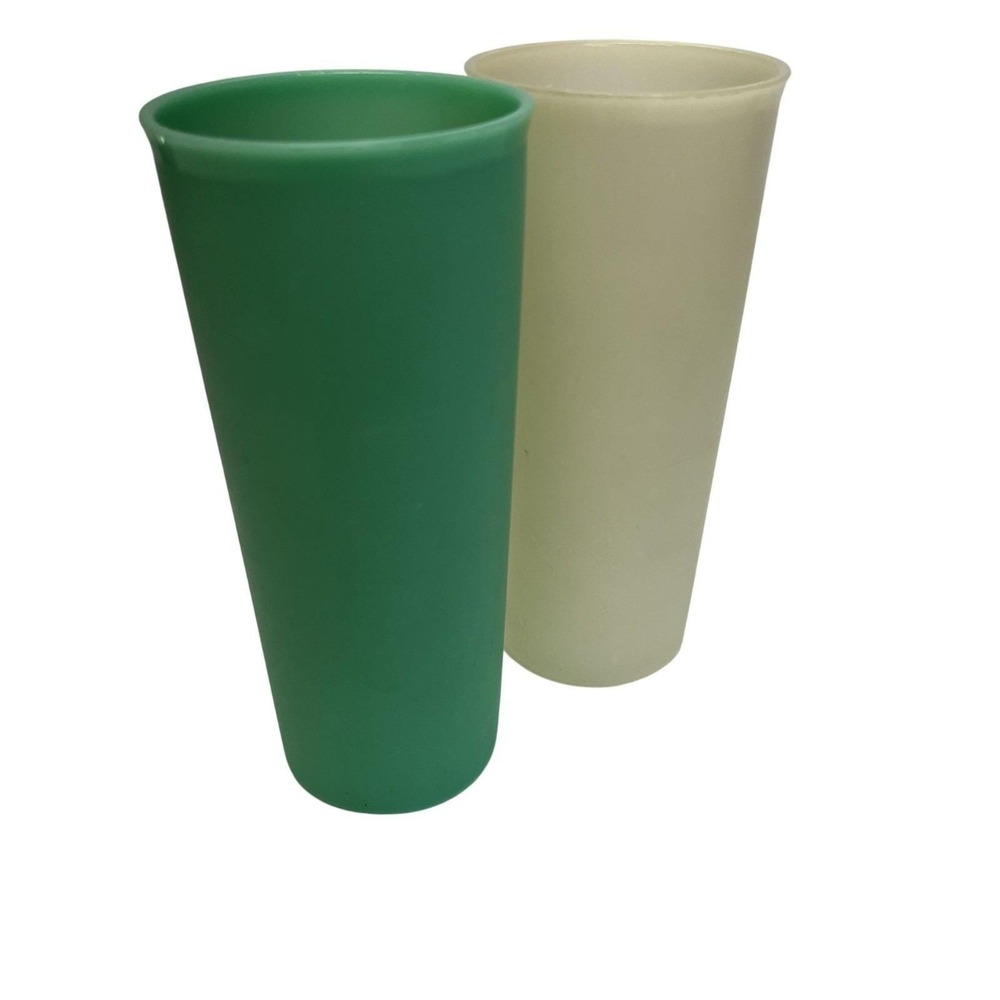 Vintage Tupperware Tall Tumblers Set Of 2 Green & White Plastic Cups Made In USA
